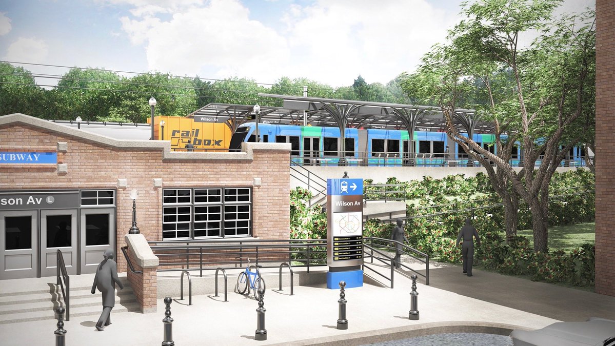 A future where a light rail Interborough Express passes by the L train. Graphic: MTA
